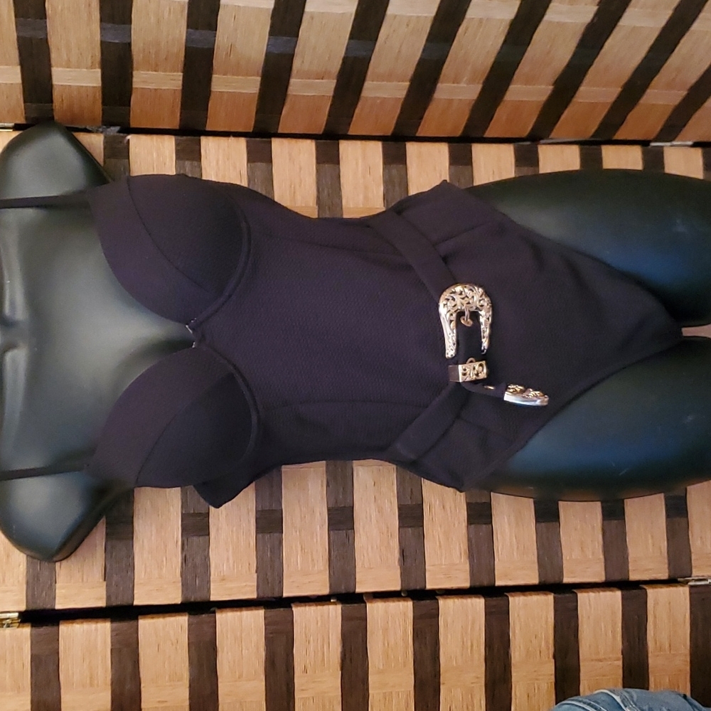 Black One-Piece Swimsuit with Decorative Belt